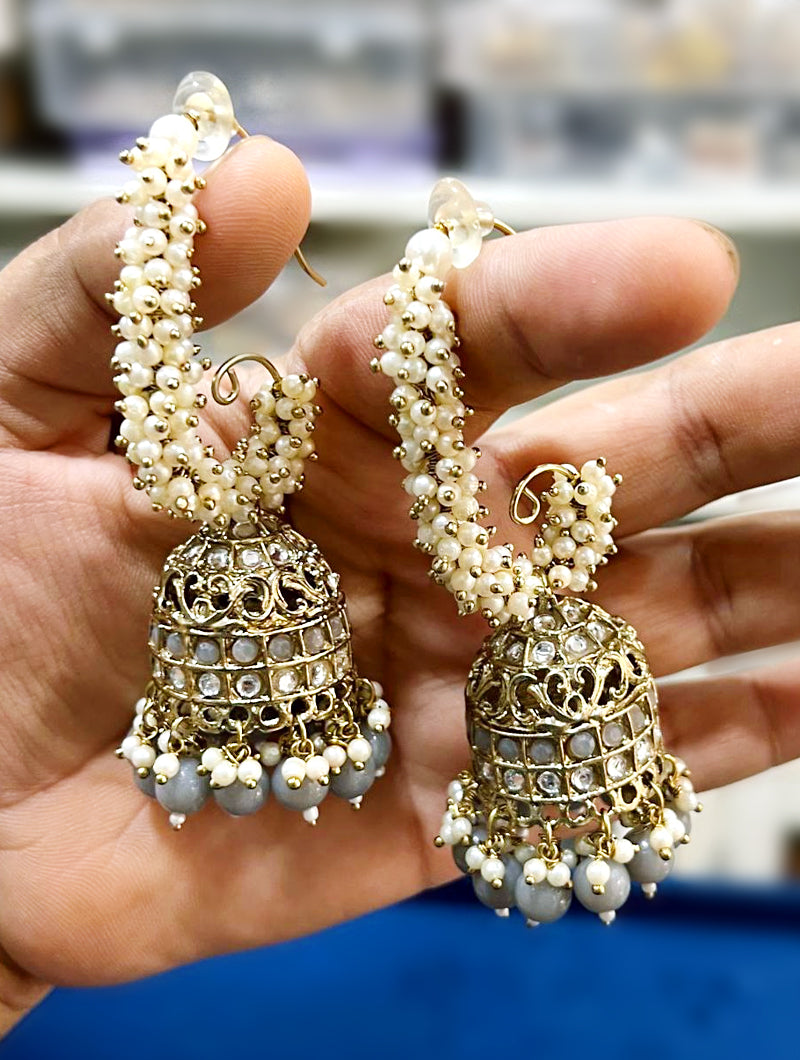 Stunning Grey Beads & Pearl Gold Plated Dangler Earrings - Nonita Fashion