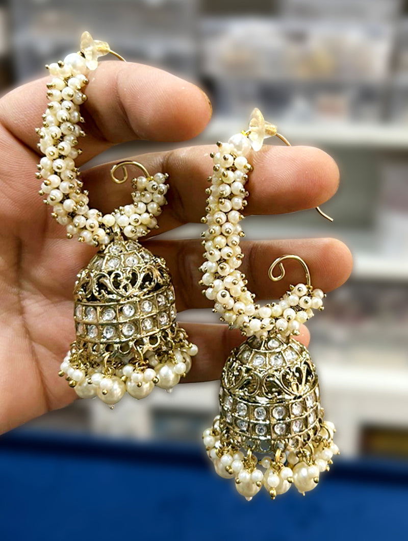 Elegant Cream Beads & Pearl Gold Plated Dangler Earrings - Nonita Fashion