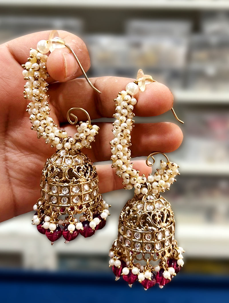 Elegant Wine Beads & Pearl Gold Plated Dangler Earrings - Nonita Fashion