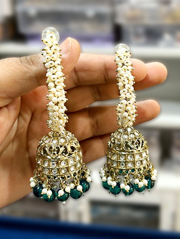 Stunning Emerald Green Beads & Pearl Gold Plated Dangler Earrings - Nonita Fashion