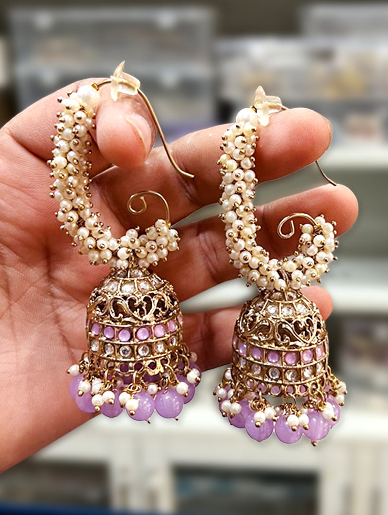 Charming Lavender Beads & Pearl Gold Plated Dangler Earrings - Nonita Fashion