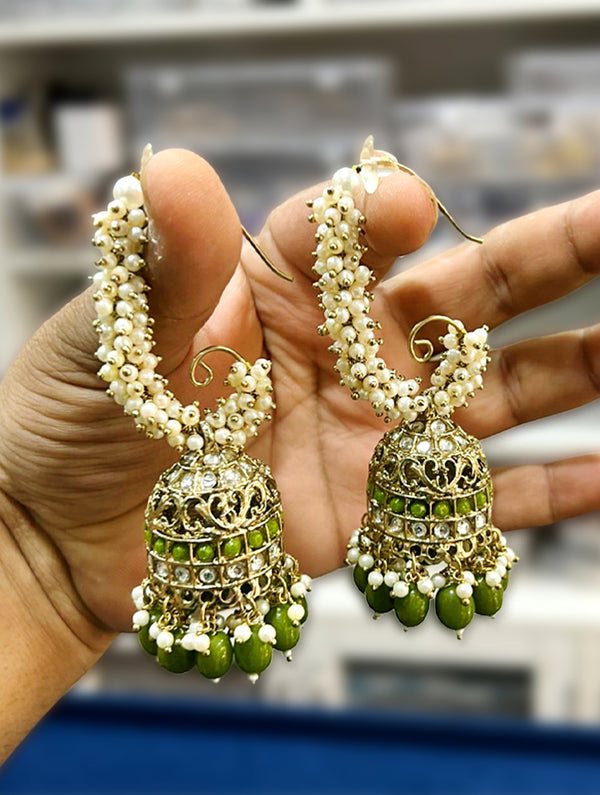 Exquisite Forest Green Beads & Pearl Gold Plated Dangler Earrings - Nonita Fashion