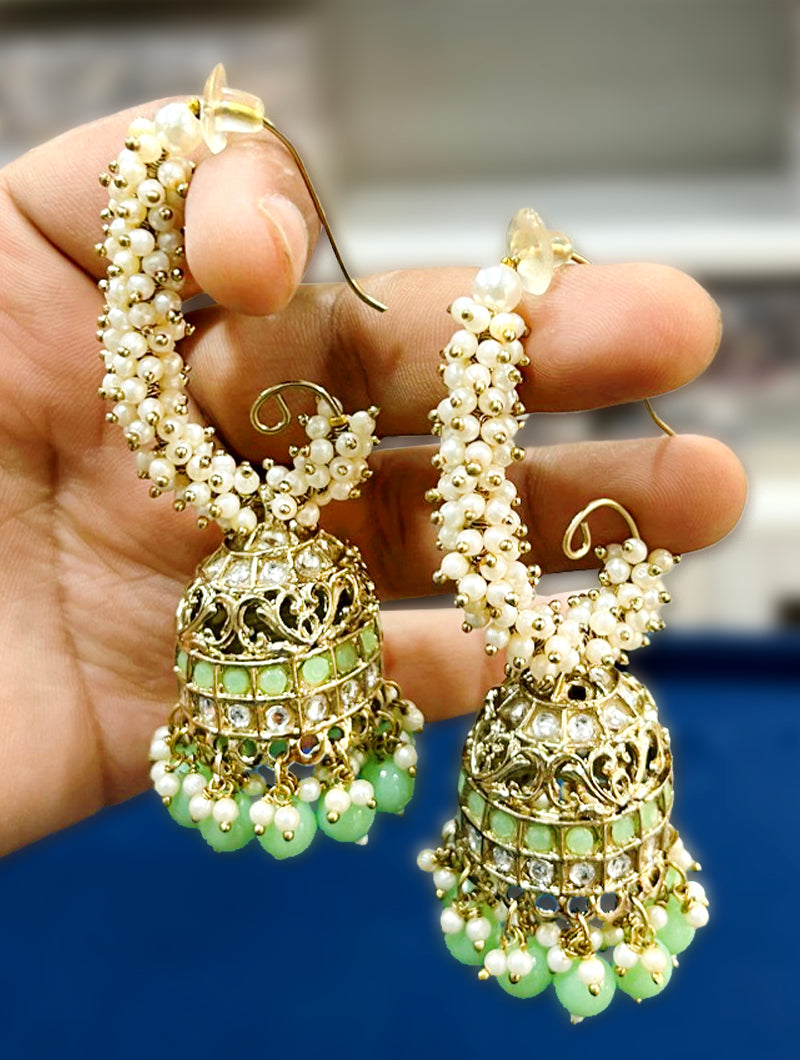 Enchanting Mint Green Beads & Pearl Gold Plated Dangler Earrings - Nonita Fashion