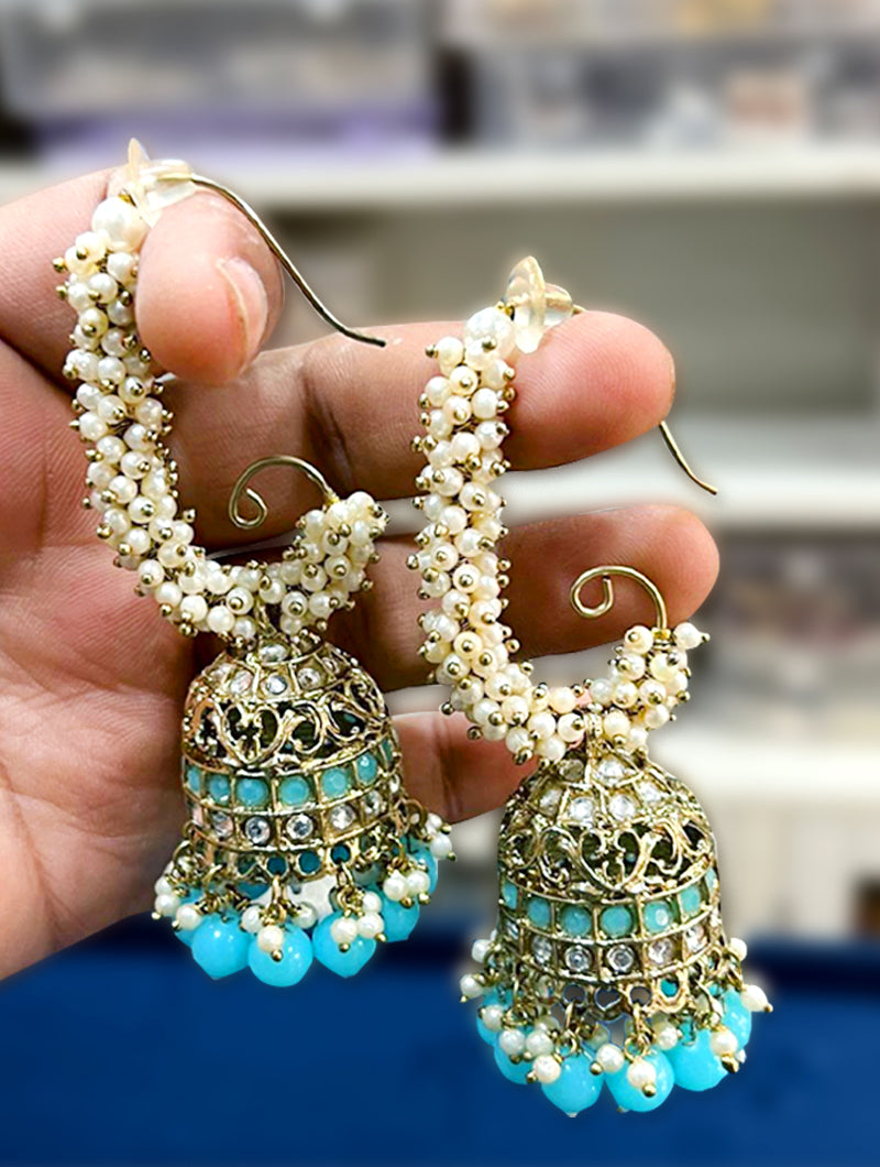 Radiant Sky Blue Beads & Pearl Gold Plated Dangler Earrings - Nonita Fashion