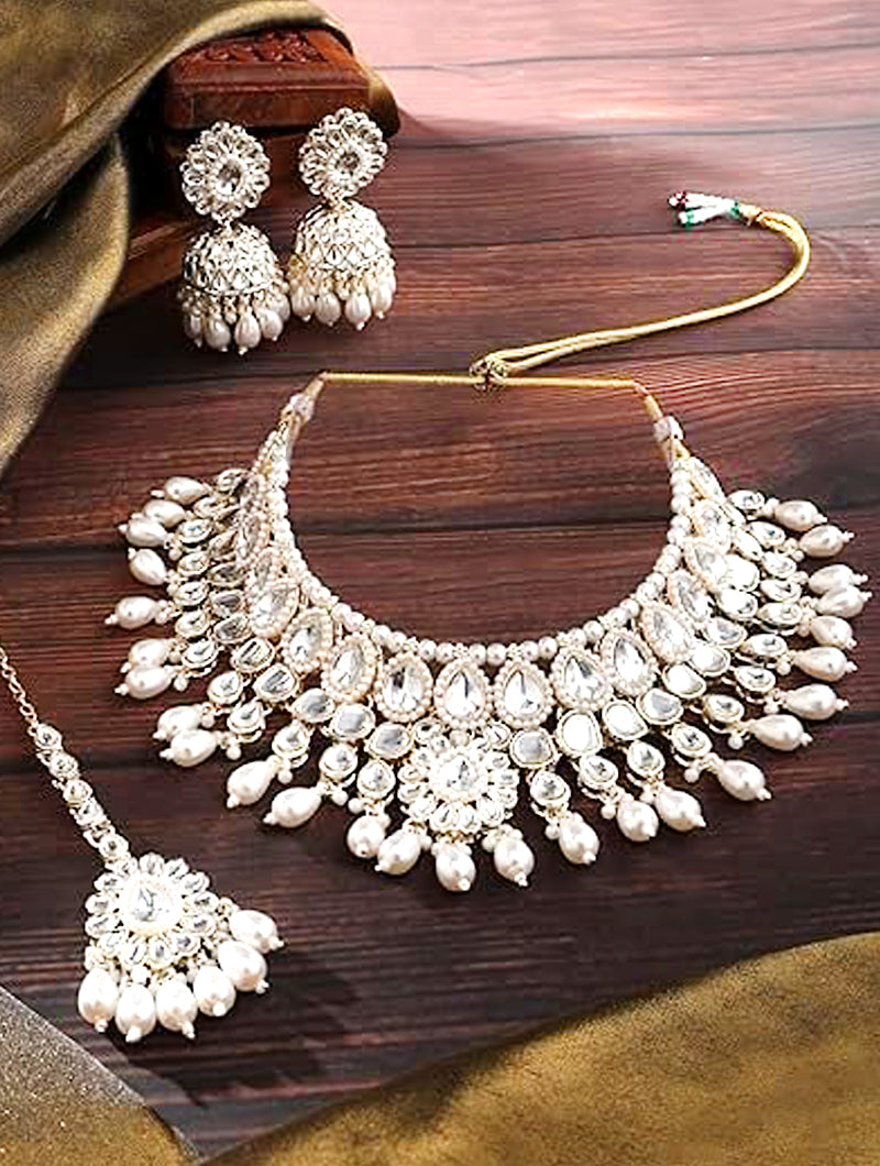 Pearls Gold Tone Kundan Artificial Stones & Beads Bridal Necklace, Earrings & Maangtikka Set - Nonita Fashion