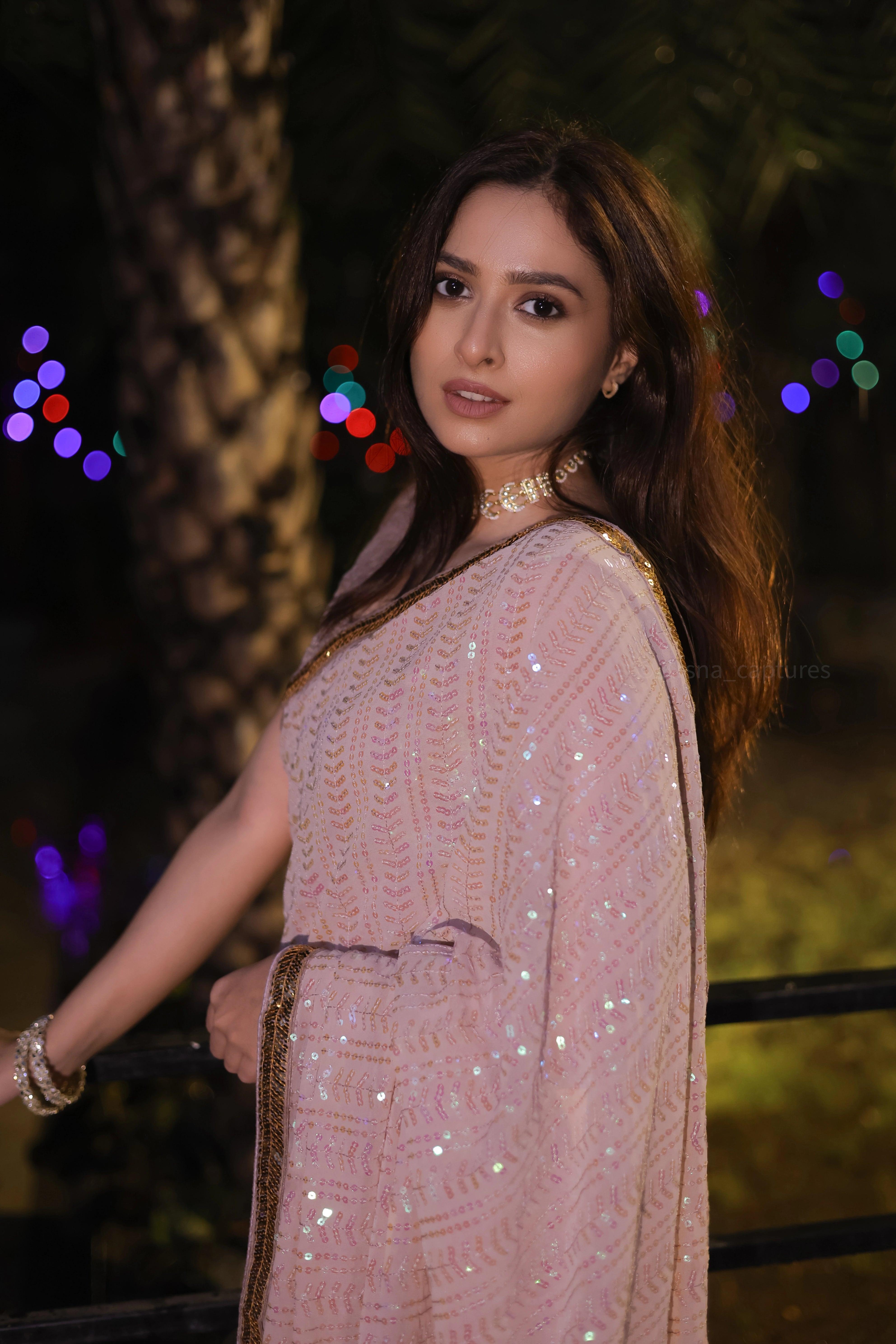 Beige Georgette Saree with All-Over Rainbow Sequin Work and Matching Organza Silk Blouse