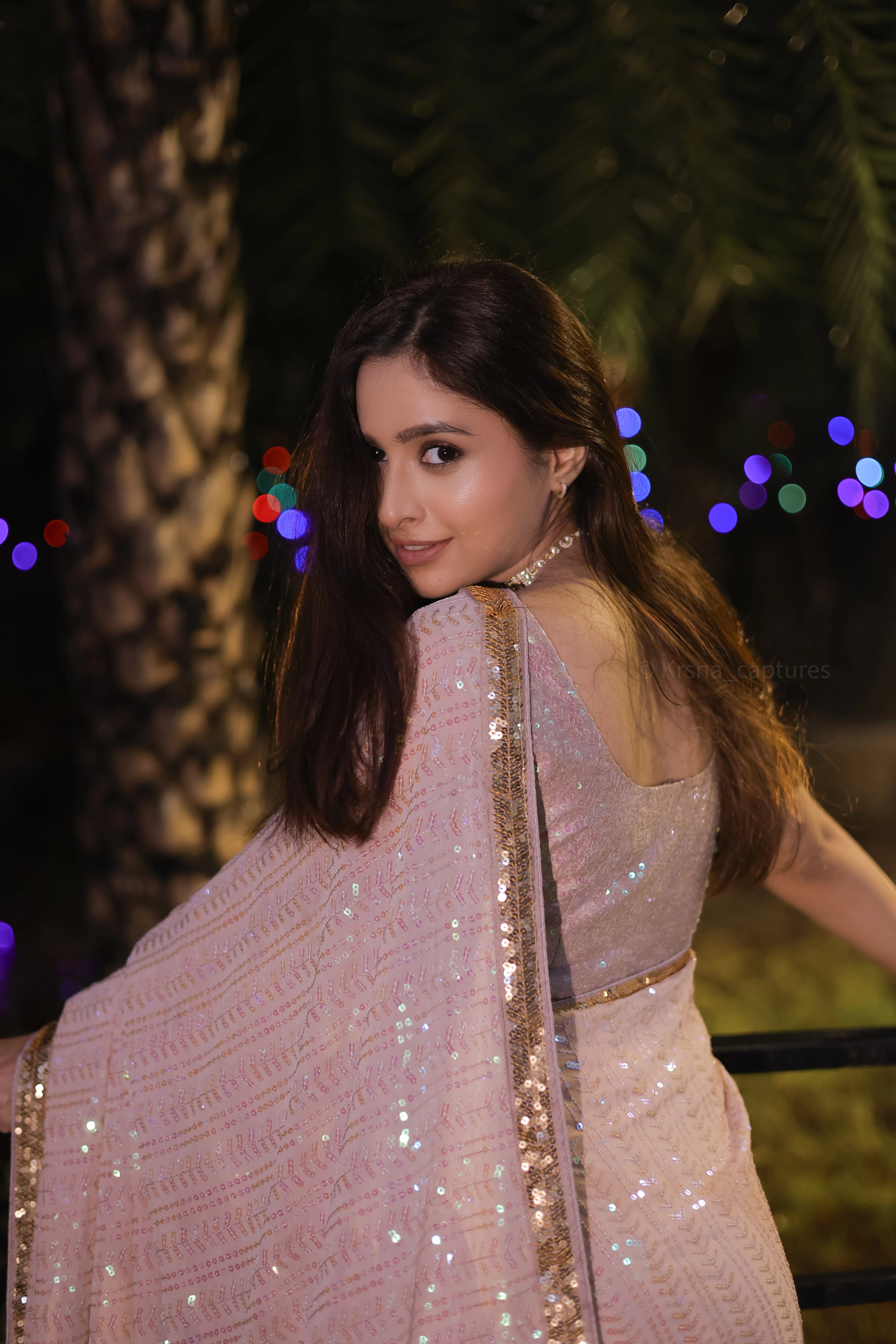 Beige Georgette Saree with All-Over Rainbow Sequin Work and Matching Organza Silk Blouse