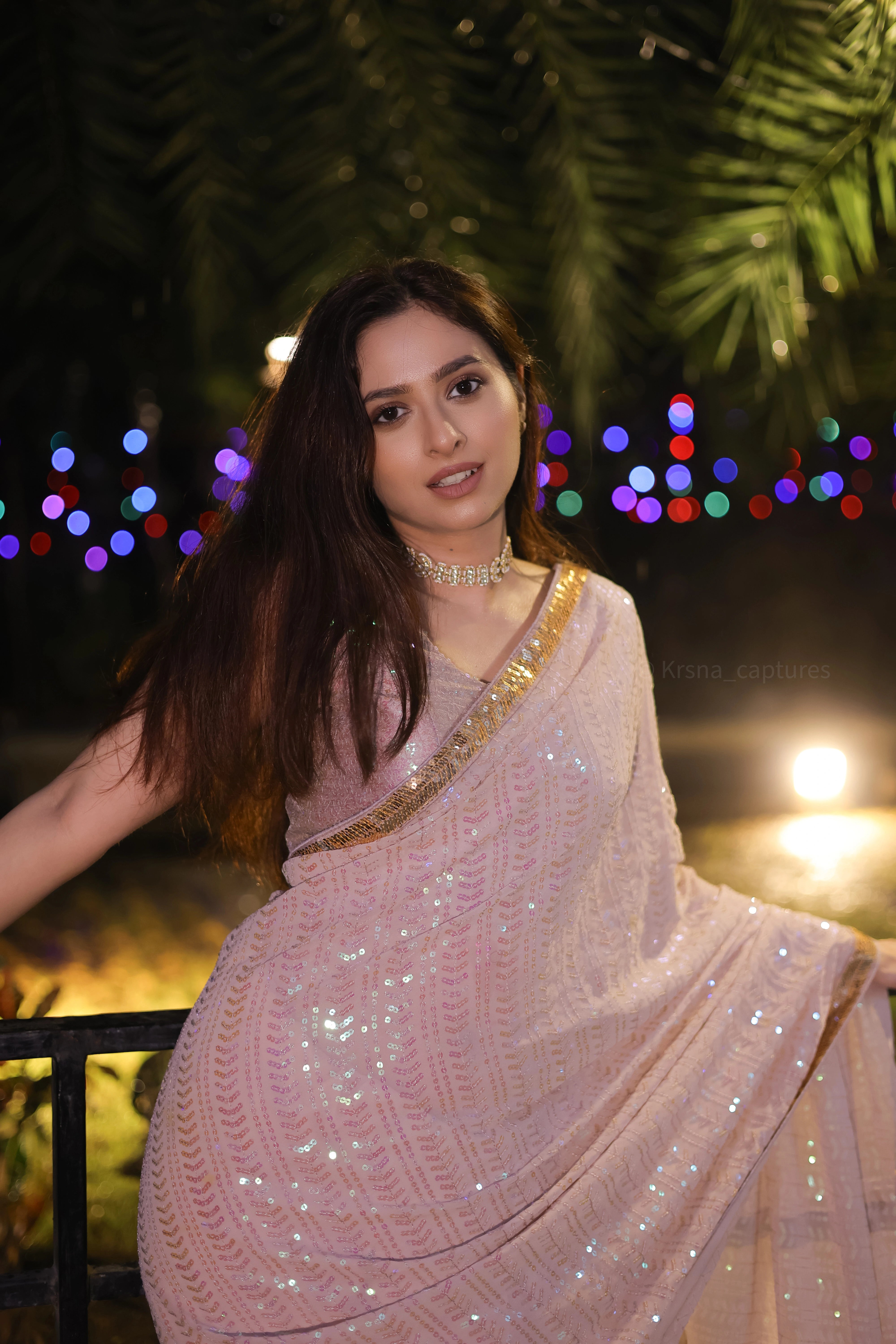 Beige Georgette Saree with All-Over Rainbow Sequin Work and Matching Organza Silk Blouse