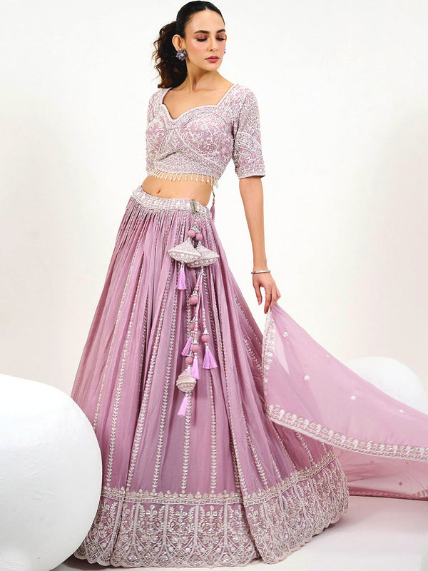 Lavender Georgette Bridal Lehenga with Dori & Sequin Hand Embroidery
