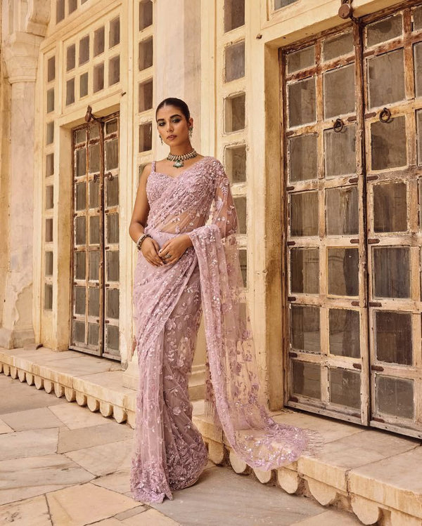 Lavender Net Saree with Stone Work Heavy Sequin Embroidery 