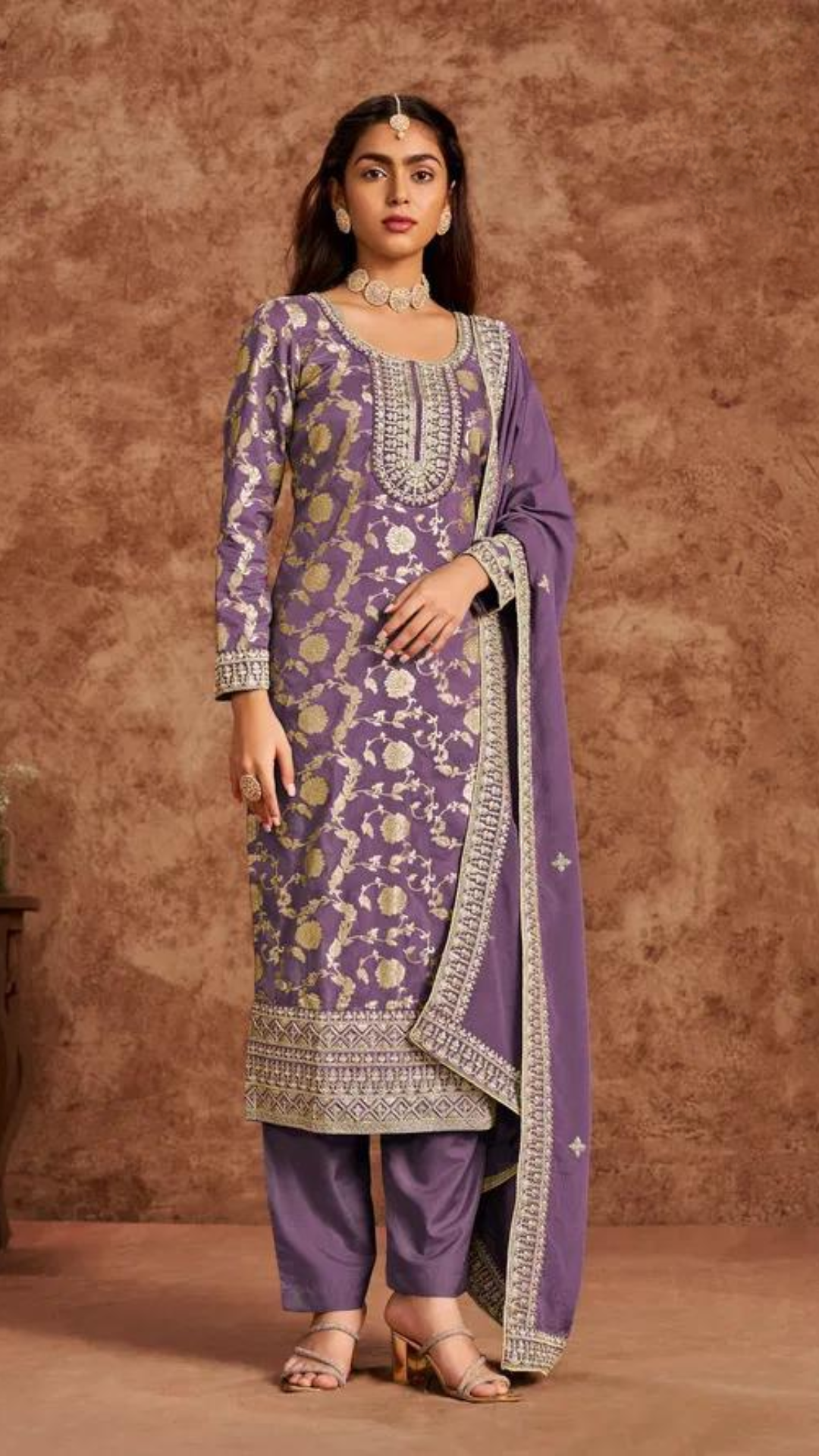 Lavender Silk Salwar Kameez with Zari Embroidery Floral Work
