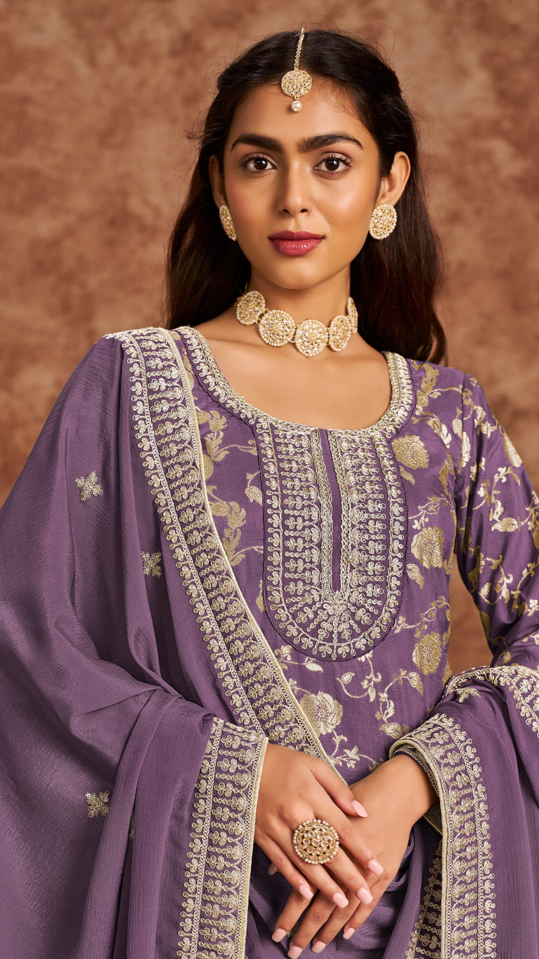 Lavender Silk Salwar Kameez with Zari Embroidery Floral Work

