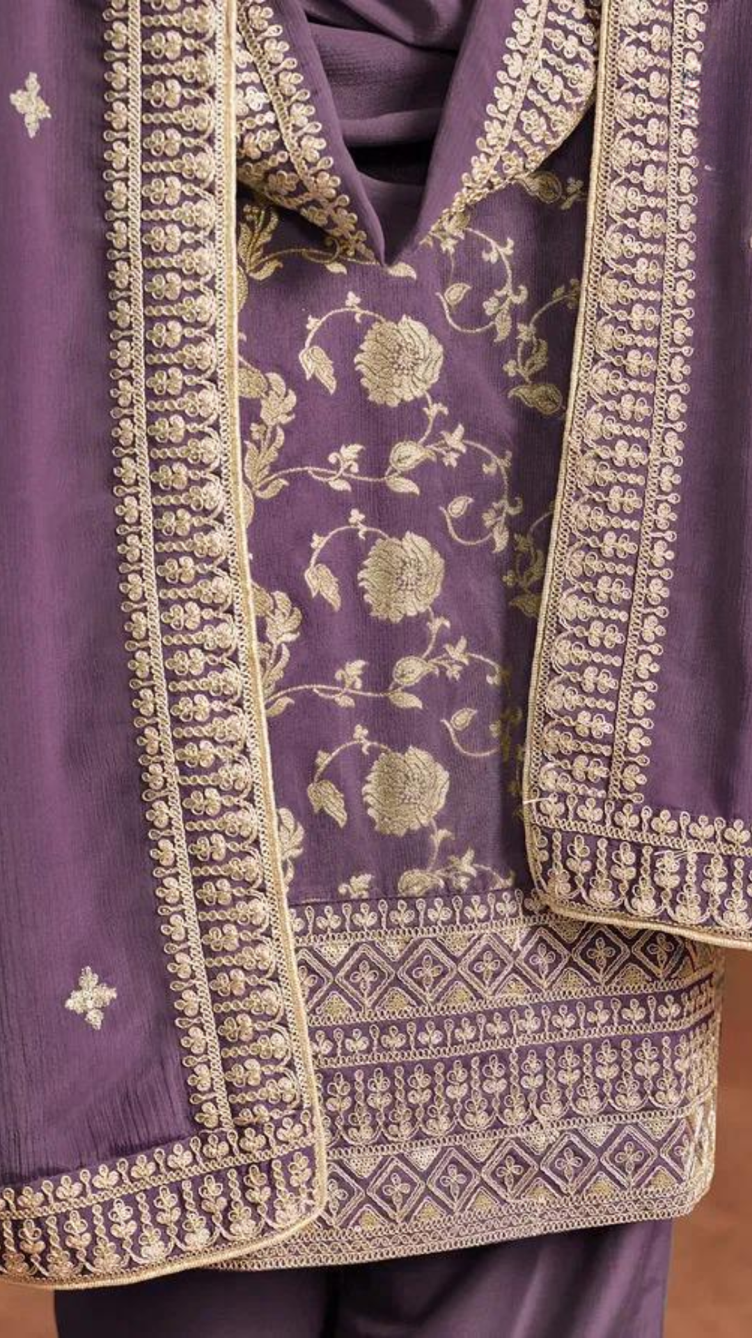 Lavender Silk Salwar Kameez with Zari Embroidery Floral Work
