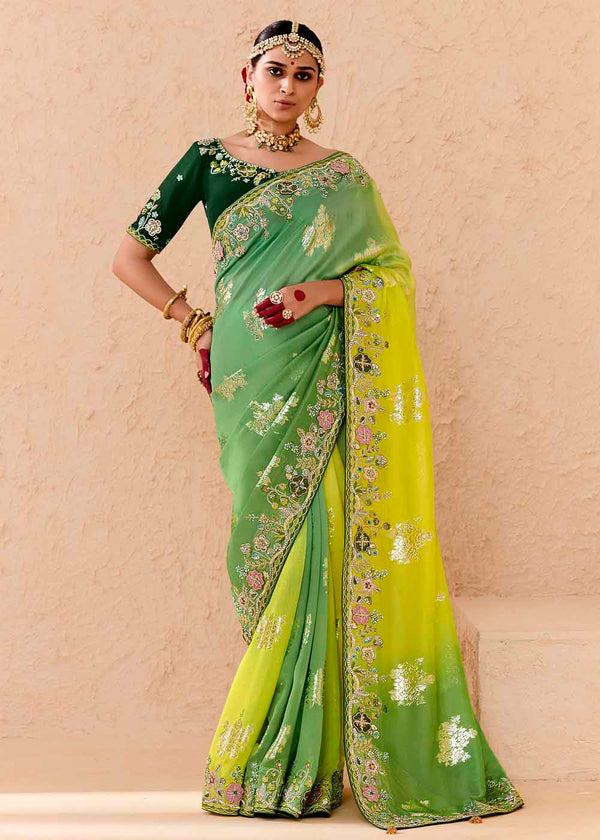 Light Green Silk Saree with Sequins, Thread & Stone Embroidery 