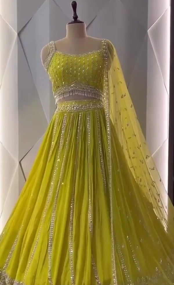 Lime Yellow Georgette Lehenga with Sequin, Mirror and Stone work
