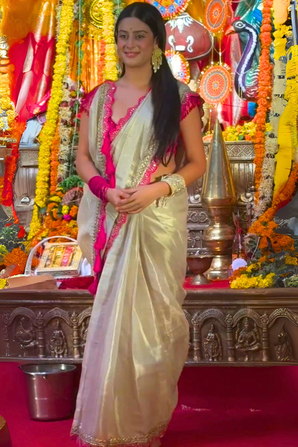 Beige Tissue saree with Two Tone Golden fabric and Lace Border work