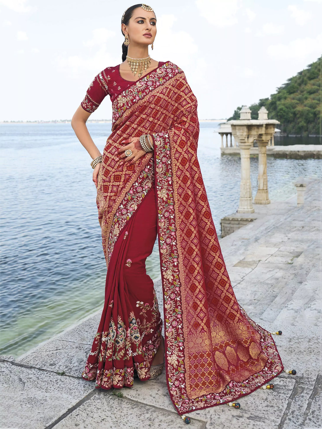 Maroon Georgette Saree with Embroidery Border Designs