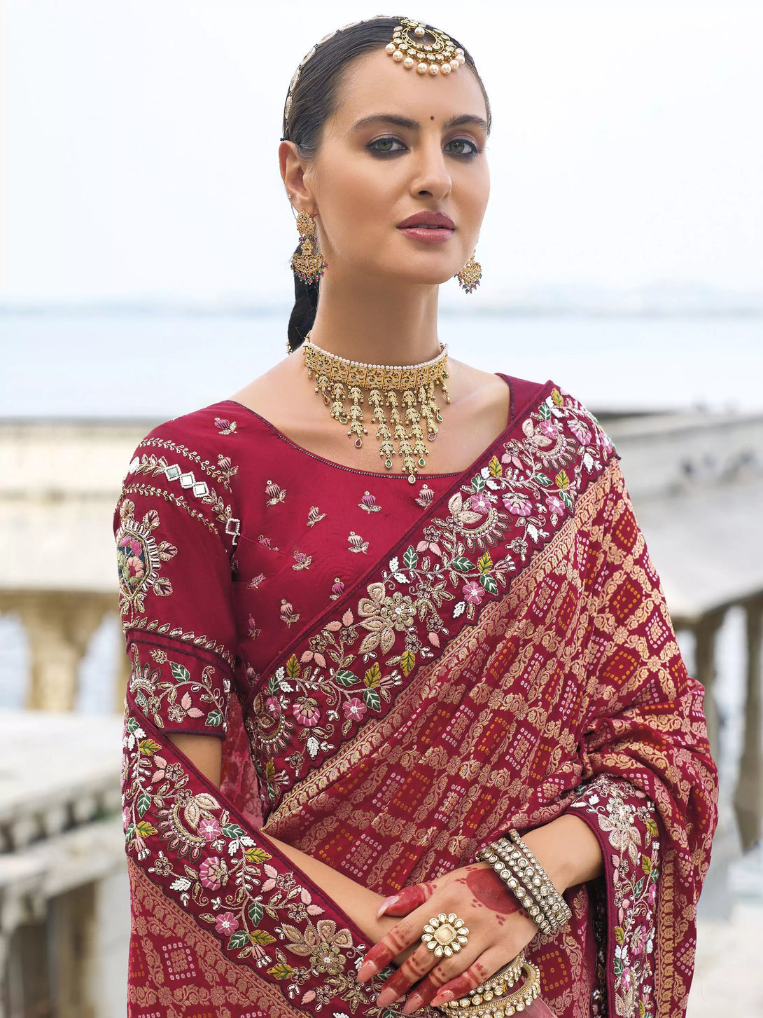 Maroon Georgette Saree with Embroidery Border Designs