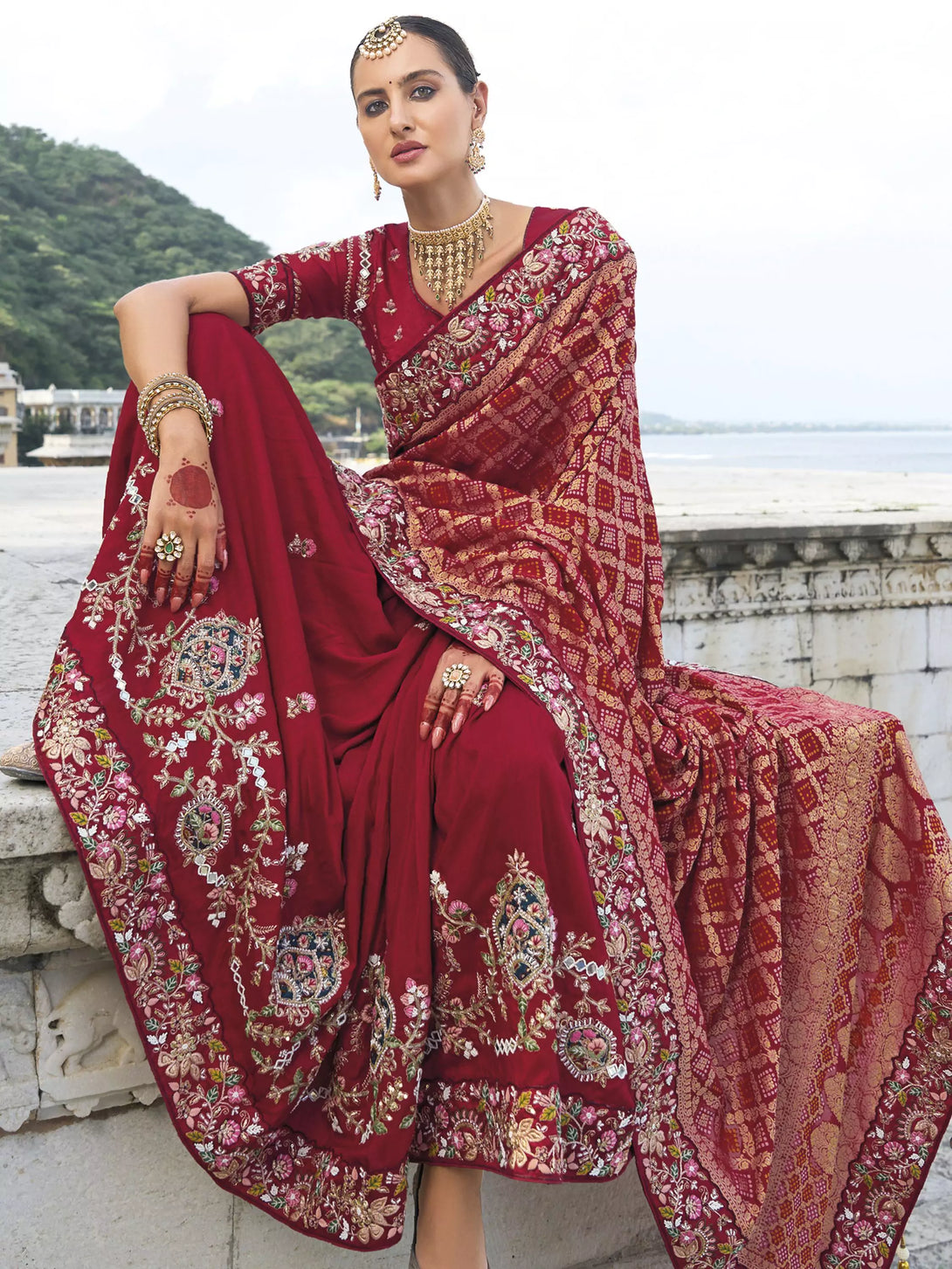 Maroon Georgette Saree with Embroidery Border Designs
