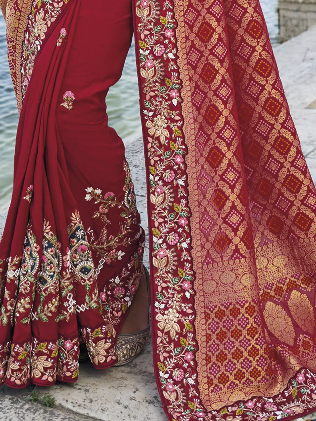 Maroon Georgette Saree with Embroidery Border Designs
