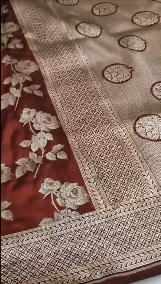 Maroon Rose Handloom Banarasi Katan Silk Saree with Motif Zari Work
