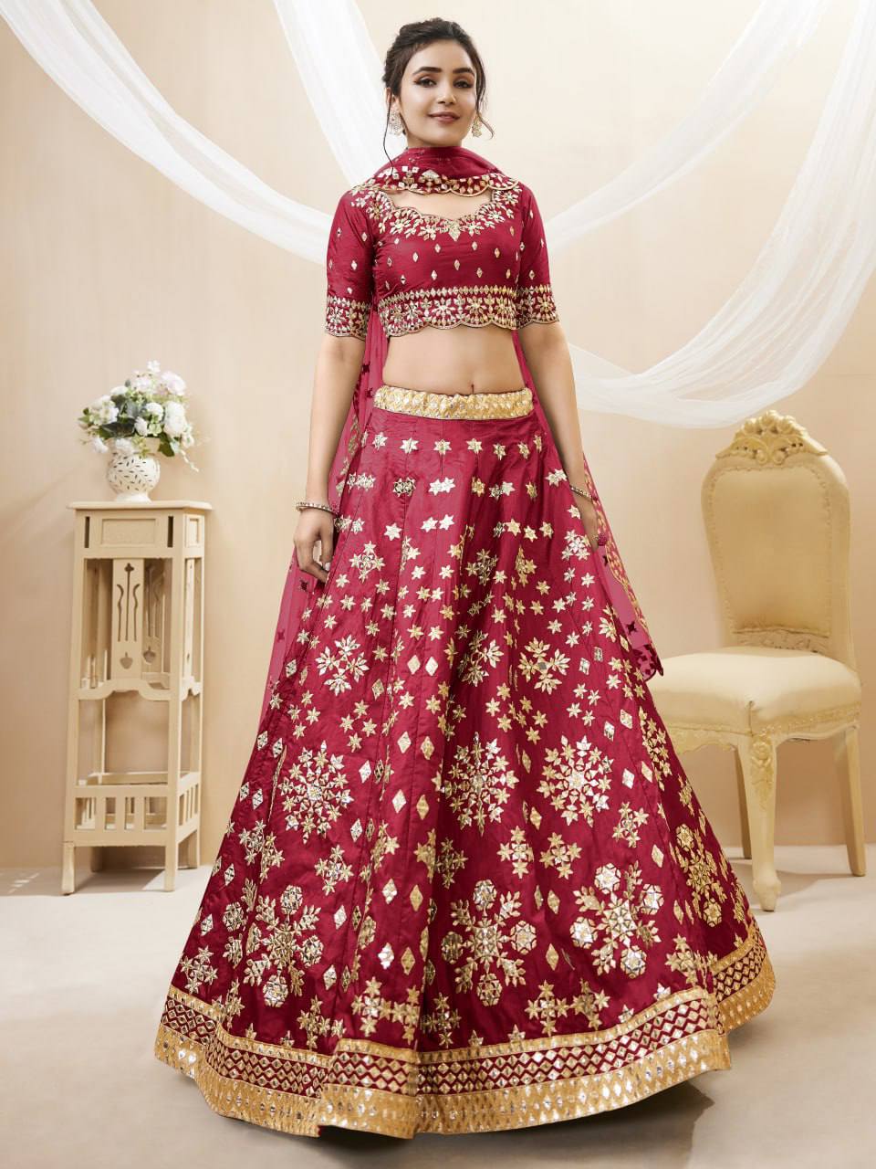 Maroon Silk Bridal Lehenga with Zari and Mirror Embroidery Motifs and floral work
