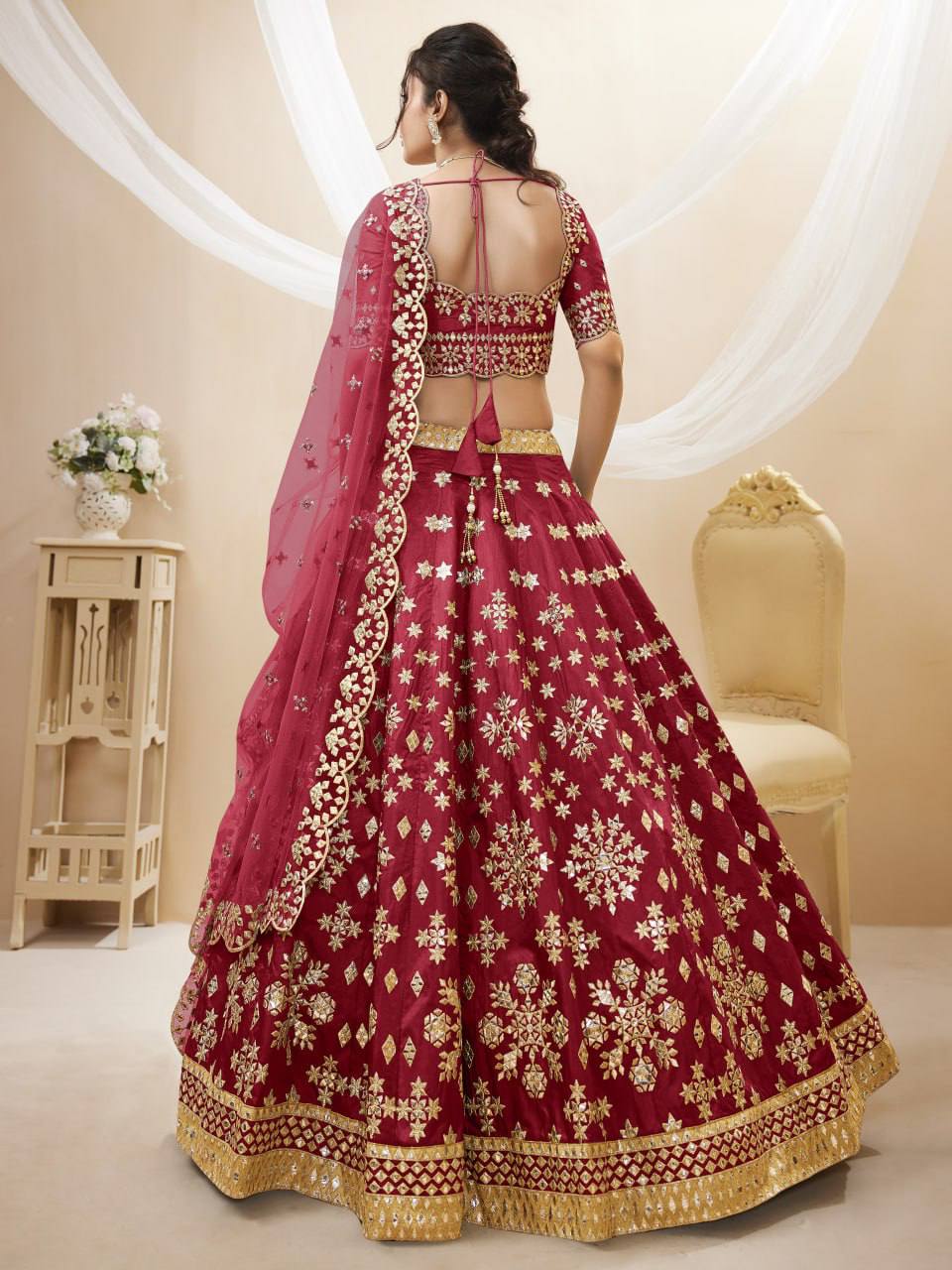 Maroon Silk Bridal Lehenga with Zari and Mirror Embroidery Motifs and floral work
