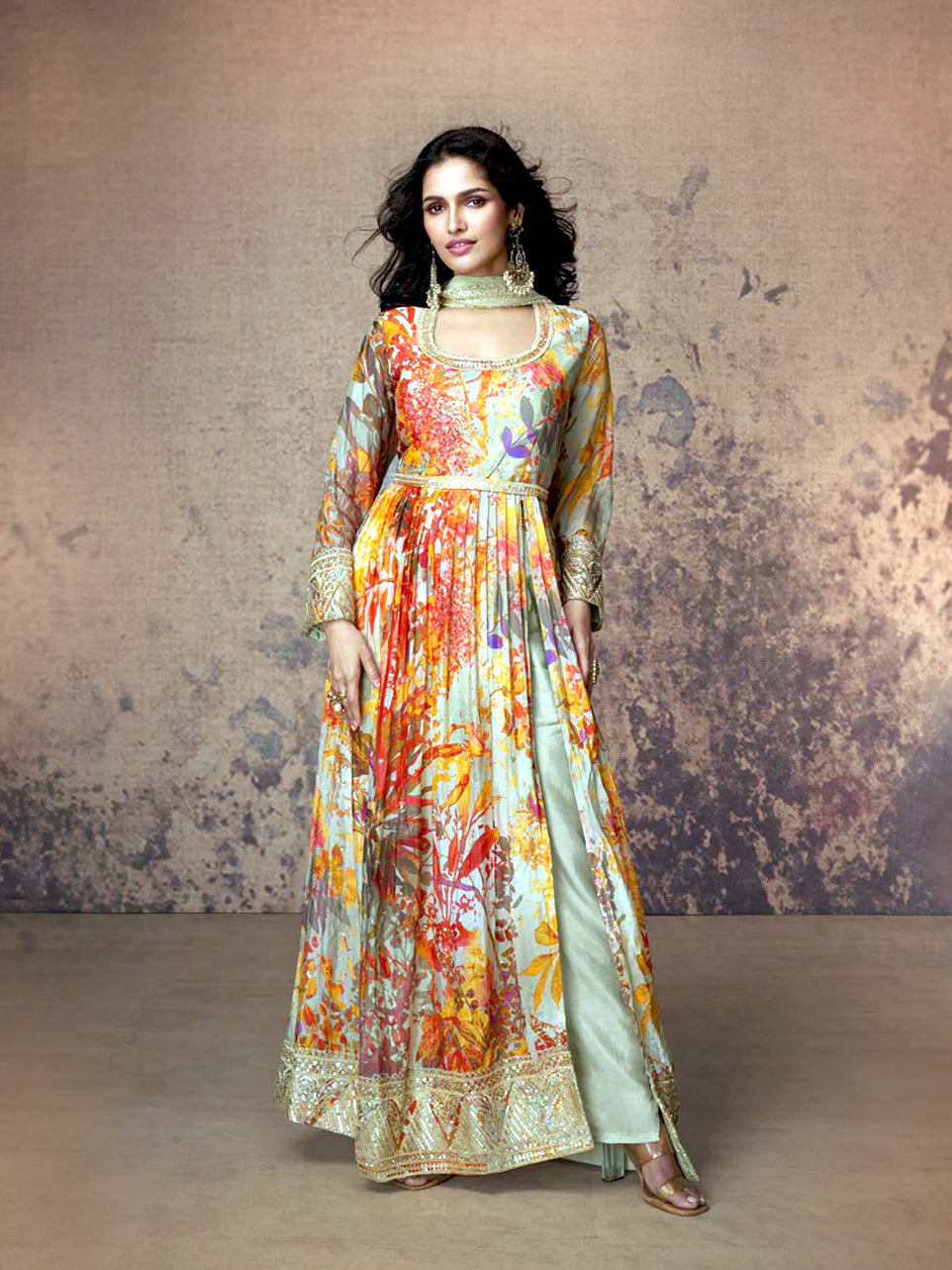 Mint Green Georgette Anarkali with Floral Print and Gota Patti Work
