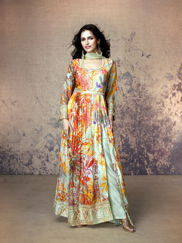 Mint Green Georgette Anarkali with Floral Print and Gota Patti Work

