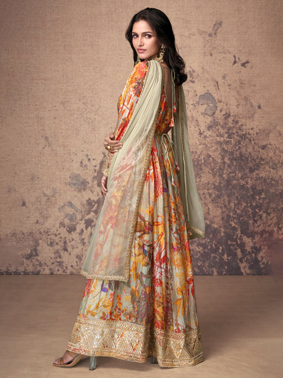 Mint Green Georgette Anarkali with Floral Print and Gota Patti Work
