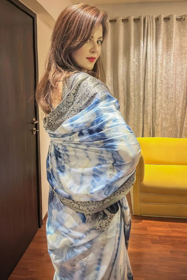 Blue and White Dupion Silk Tie Dye Pure Banarasi Silk Saree with Pink and Gold Zari Work Blouse