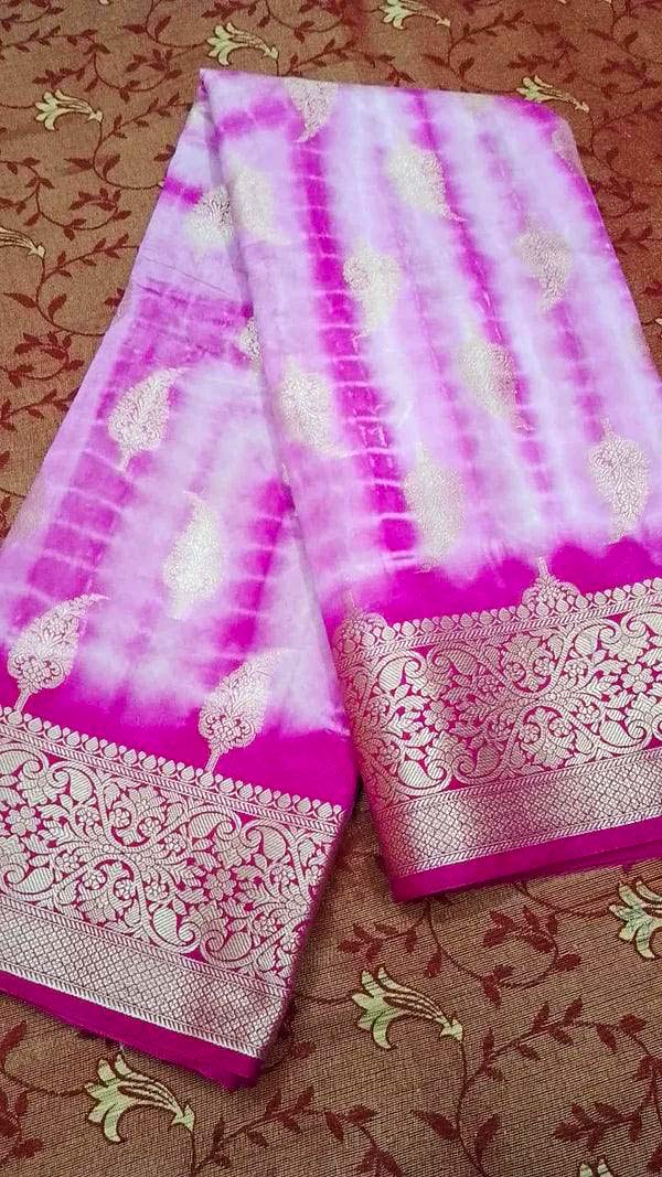 Pink and White Dupion Silk Tie Dye Pure Banarasi Silk Saree with  Pink and Gold Zari Work Blouse