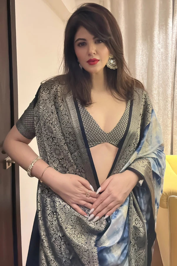 Blue and White Dupion Silk Tie Dye Pure Banarasi Silk Saree with Pink and Gold Zari Work Blouse