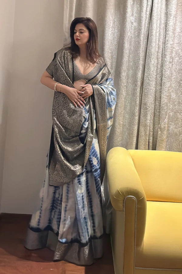Blue and White Dupion Silk Tie Dye Pure Banarasi Silk Saree with Pink and Gold Zari Work Blouse