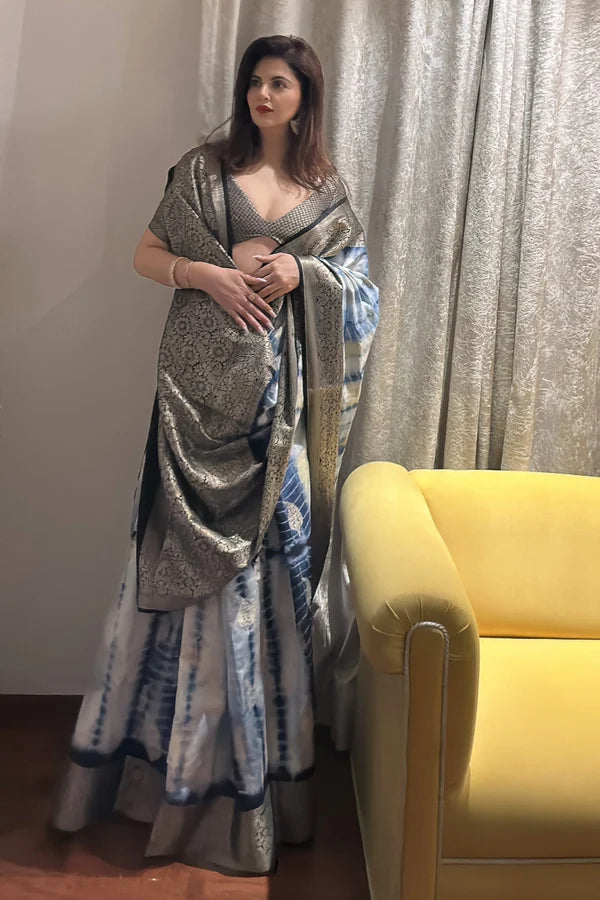 Blue and White Dupion Silk Tie Dye Pure Banarasi Silk Saree with Pink and Gold Zari Work Blouse