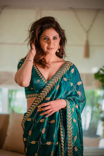 Emerald Green and Gold Leaf Silk Saree with Sequin Thread Embroidery and Matching Embroidered Blouse