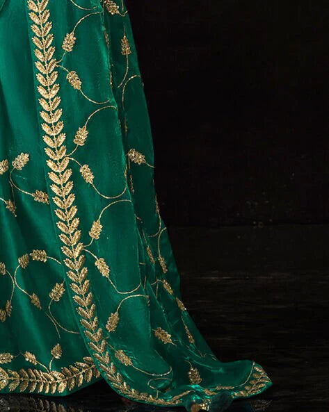 Emerald Green and Gold Leaf Silk Saree with Sequin Thread Embroidery and Matching Embroidered Blouse