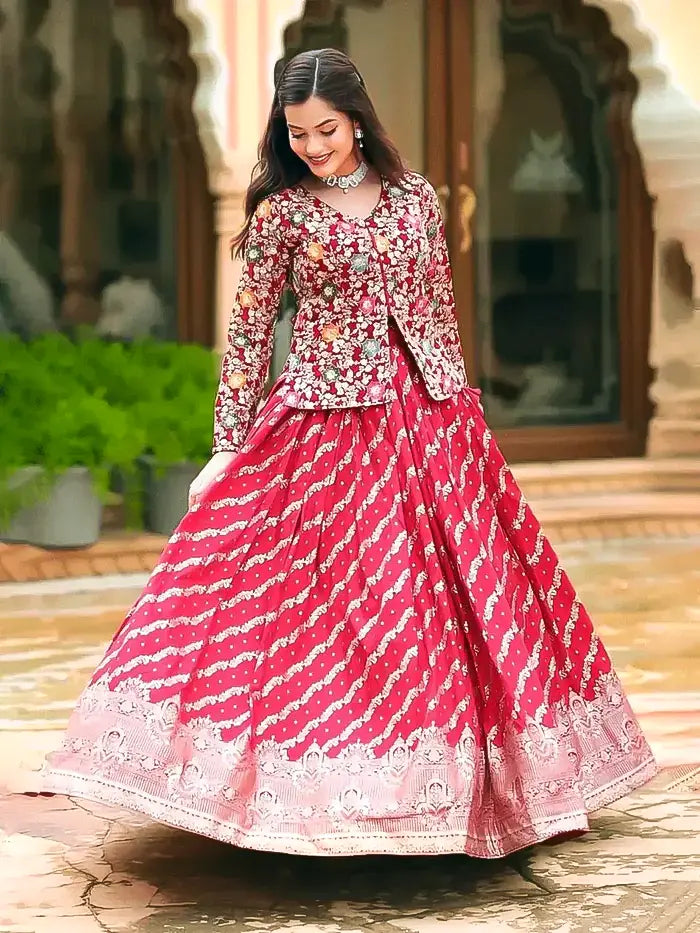 Red Georgette Lehenga with Heavy Thread Embroidery and Floral Design