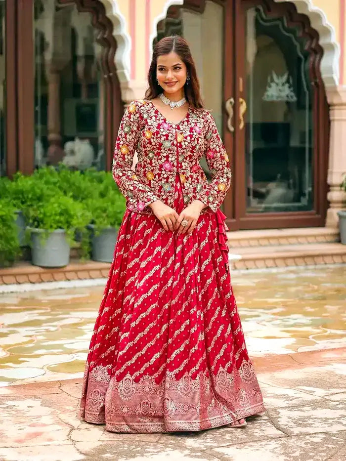 Red Georgette Lehenga with Heavy Thread Embroidery and Floral Design
