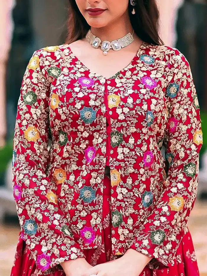 Red Georgette Lehenga with Heavy Thread Embroidery and Floral Design