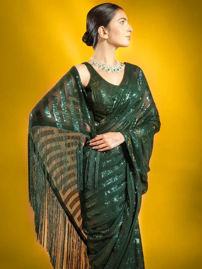 Green Georgette Sequin Stripes Saree with Fringe Pallu and Matching Sequin Blouse