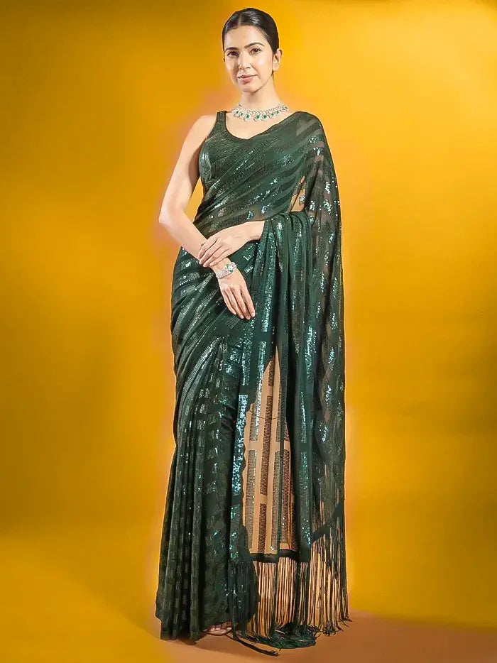Green Georgette Sequin Stripes Saree with Fringe Pallu and Matching Sequin Blouse