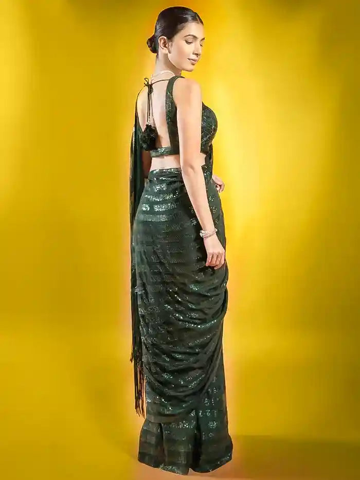 Green Georgette Sequin Stripes Saree with Fringe Pallu and Matching Sequin Blouse