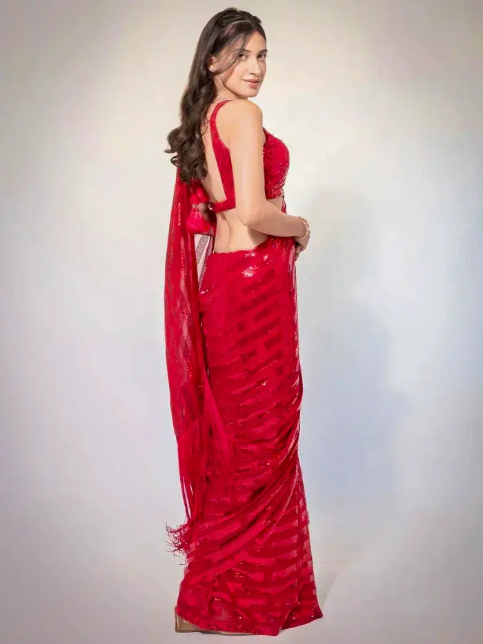 Red Georgette Sequin Stripes Saree with Fringe Pallu and Matching Sequin Blouse