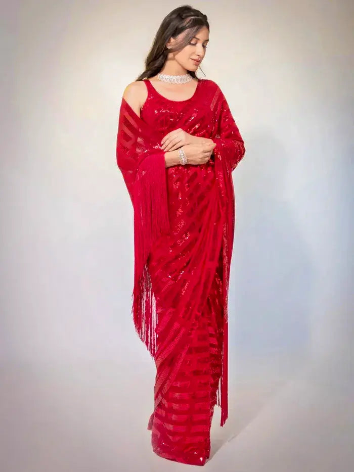 Red Georgette Sequin Stripes Saree with Fringe Pallu and Matching Sequin Blouse