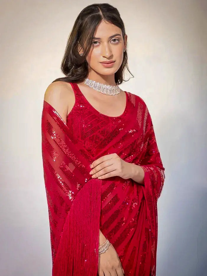 Red Georgette Sequin Stripes Saree with Fringe Pallu and Matching Sequin Blouse