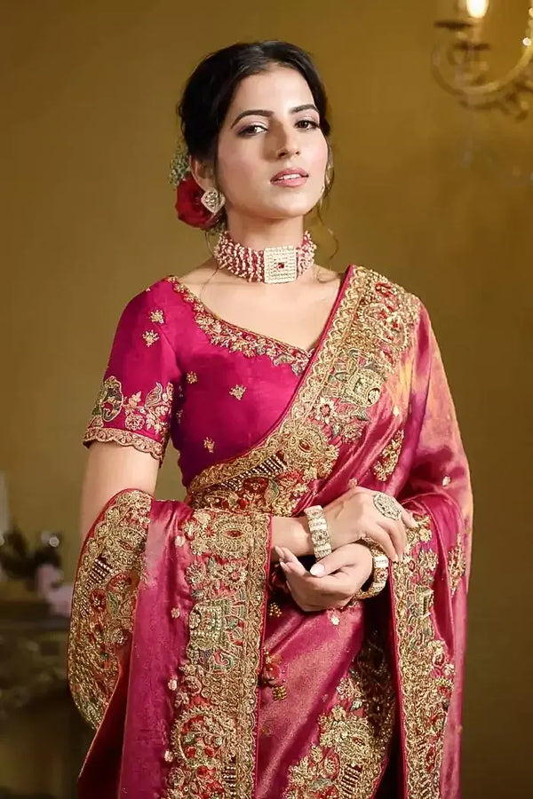 Pink Silk Saree with Embroidery Pallu Borders Design and Matching Embroidery Blouse