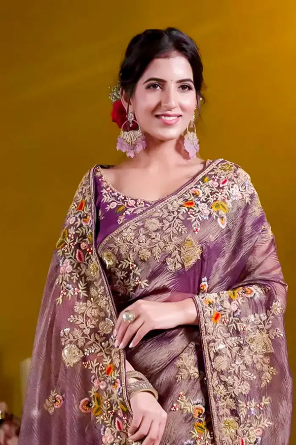 Purple Silk Saree with Embroidery Pallu Borders Design and Matching Embroidery Blouse