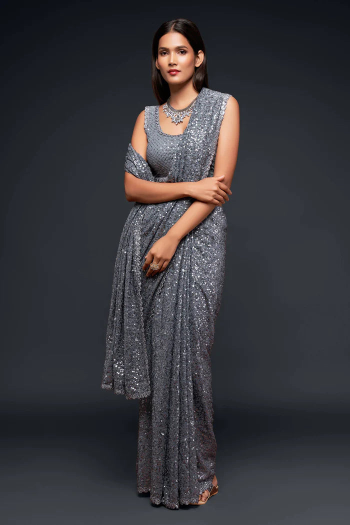 Silver Georgette Saree with All Over Shimmer Sequin Work and Matching Sequin Blouse