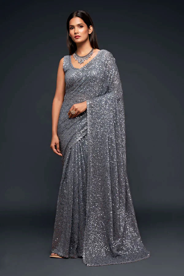 Silver Georgette Saree with All Over Shimmer Sequin Work and Matching Sequin Blouse